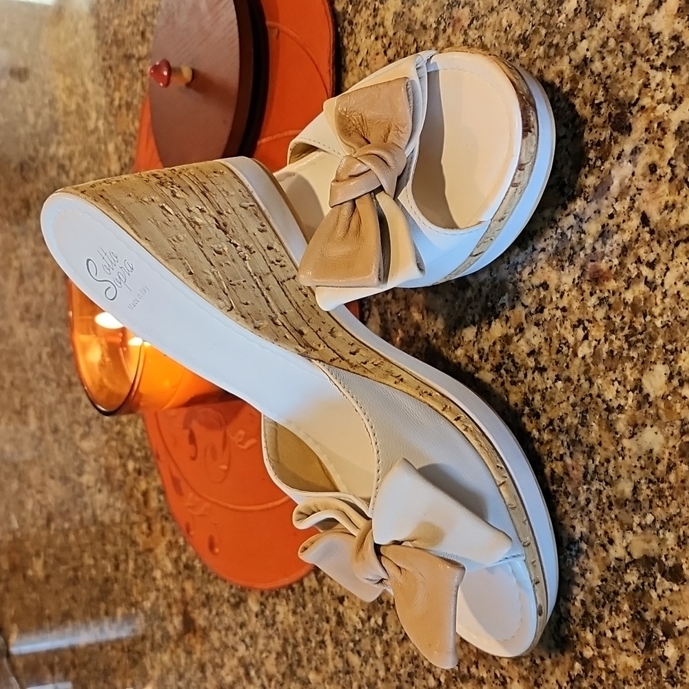 Wedge Mule Heels Slip On White Tan Brown Cork 50 60s Rockabilly Vintage